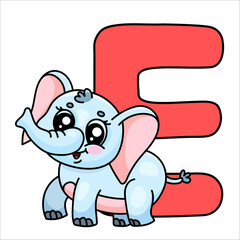 Cute cartoon elephant with red letter e for kids' alphabet learning.