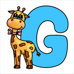 Cartoon giraffe with bow tie and large blue letter g backdrop design.