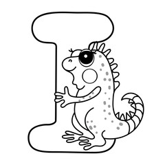 Cute cartoon iguana hugging letter i - fun alphabet coloring page for kids.