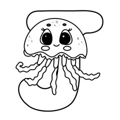 Cute jellyfish alphabet letter j black and white coloring page for kids.