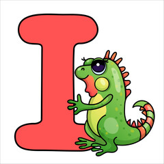 Cute cartoon iguana with red letter i: whimsical alphabet design for kids' learning.