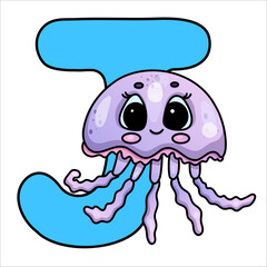 Cute cartoon jellyfish with blue letter j on white background.