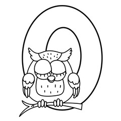 Cute owl alphabet coloring page: letter o with sleepy owl on branch for kids and creative learning.