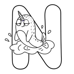 Cute narwhal character resting on letter n with splash accents in fun alphabet design.