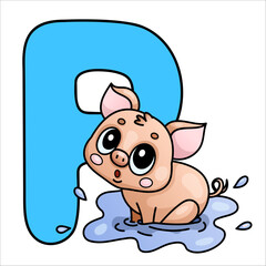 Adorable cartoon piglet joyfully playing in water puddle with blue letter p background.