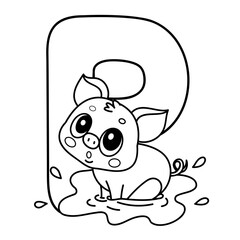 Cute piglet in mud puddle by letter p for kids' alphabet coloring book.