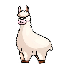 Cute cartoon llama with pink cheeks and fluffy fur on white background.