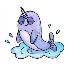 Cute cartoon narwhal character playfully splashing in water.
