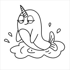 Cute narwhal coloring page with kawaii style design for kids.