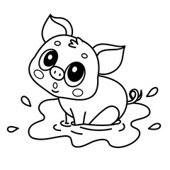 Cute cartoon piglet in mud puddle coloring book page for kids.