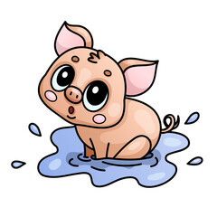 Adorable cartoon piglet sitting in a puddle on white background.
