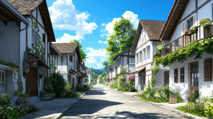 Serene village street lined with charming houses, lush greenery, and vibrant flowers bright blue sky. peaceful atmosphere invites relaxation