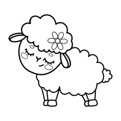 Adorable cartoon sheep with flower outline for kids coloring activities.