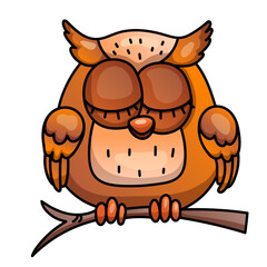 Cute cartoon owl perched on branch with closed eyes and peaceful expression.