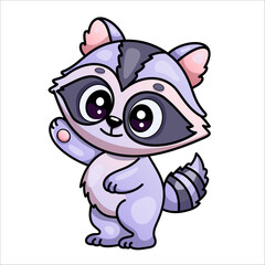 Adorable cartoon raccoon waving hello on white background.