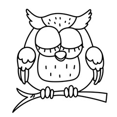 Adorable cartoon owl sleeping on a tree branch in black and white line art.