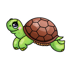 Cute cartoon turtle with brown shell and expressive eyes on white background.