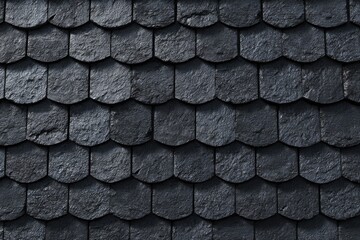 Tiled roof with weathered, overlapping dark gray shingles on a structure