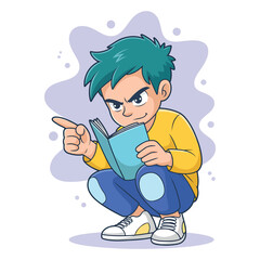Angry anime-style boy with green hair pointing at a book. A frustrated cartoon character crouched down while studying or reading vector illustration.