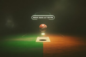 Exciting cricket match begins tonight with a glowing scoreboard announcing the 7:30 PM start time over a dramatic pitch.