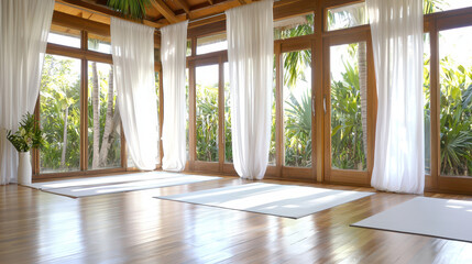 Fototapeta premium Tranquil yoga studio featuring large windows, natural light, and wooden flooring, surrounded by lush greenery, creating peaceful atmosphere