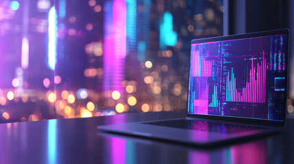 Modern laptop displaying vibrant data visualizations against colorful city skyline at night, creating dynamic and tech savvy atmosphere