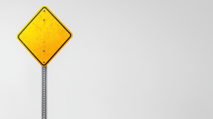 Yellow diamond shaped warning sign on metal pole, indicating caution or dead end, with weathered appearance and minimalist background