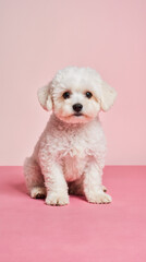 Obraz premium A cute Maltipoo dog sits upright with straight posture on a solid pink background with a clean, minimal vibe