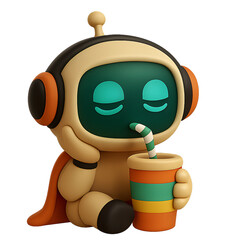 Cute 3D cartoon robot character, resting head on hand, half-closed dreamy eyes, sipping from a colorful straw cup