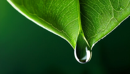 macro slow motion droplet falling from a fresh green leaf