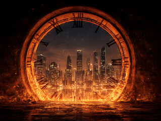 Glowing clock portal reveals futuristic cityscape under dramatic fiery skies