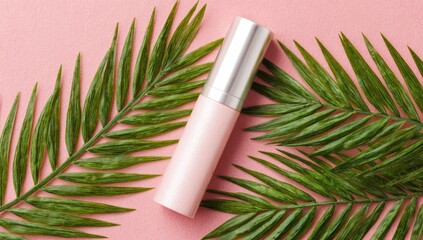 Pink cosmetic bottle atop tropical palm leaves.