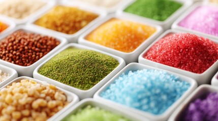 Colorful candy assortment with jelly beans and sweets displayed in organized square containers