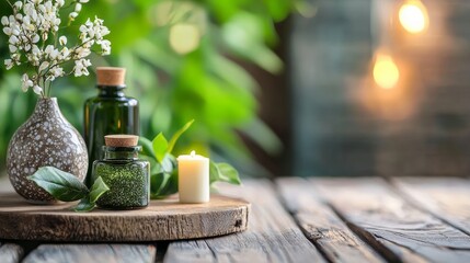 Obraz premium Natural spa aromatherapy bottles and candles with fresh plants on wooden table