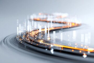 Dynamic digital data stream with glowing lights and futuristic cityscape elements, representing global connectivity and information flow