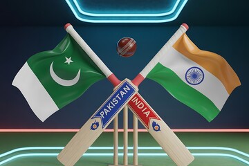 Dynamic cricket clash with Pakistan and India flags crossed over bats, showcasing national pride and sporting rivalry under vibrant stadium lights