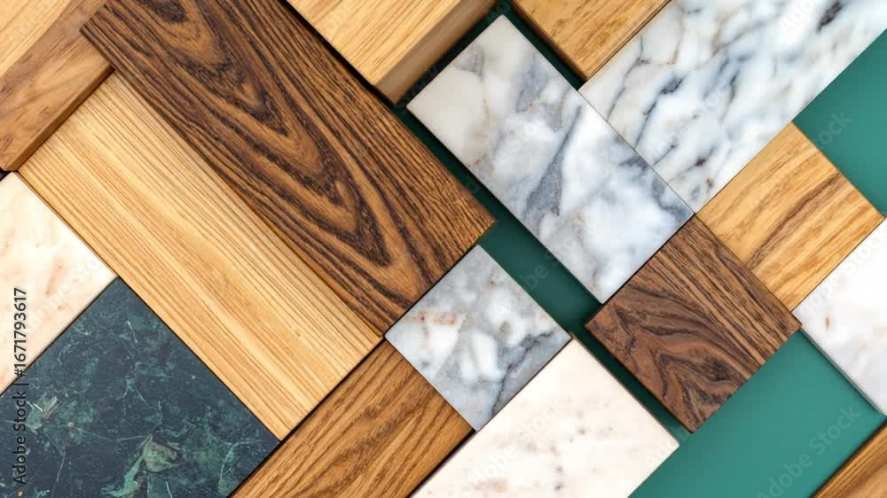 Poster geometric pattern featuring wood marble and stone tiles in diagonal arrangement on teal background s