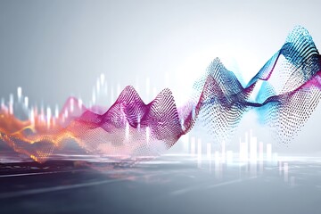 Dynamic data visualization showcases fluctuating financial markets with vibrant abstract waveforms and glowing bar charts, representing growth and analytics.