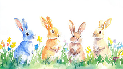 Obraz premium Watercolor depiction of four rabbits in colorful meadow, showcasing joy and playfulness among vibrant flowers