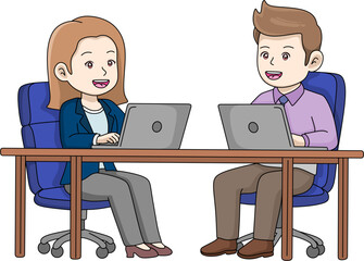 Two happy office colleagues sitting at a desk, looking at their laptops and working together. A friendly and collaborative business setting. Cartoon vector illustration
