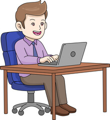 A happy young businessman or office worker sitting at a desk, typing on his laptop. He is smiling and focused on his work. Cartoon vector illustration
