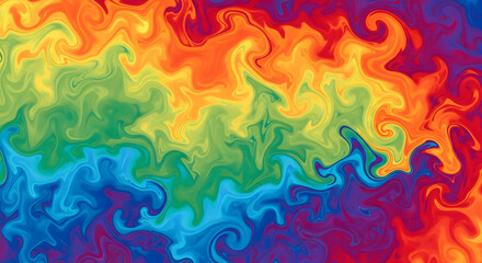 A vibrant, rainbow-colored abstract image with swirling patterns and fluid textures.