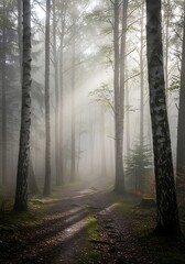 Obraz premium Ethereal woodland atmosphere with diffused sunlight through the shrouded forest landscape