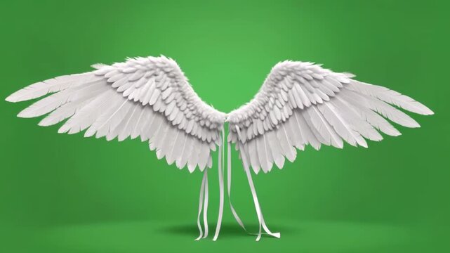 Spread white feathered wings against a green background