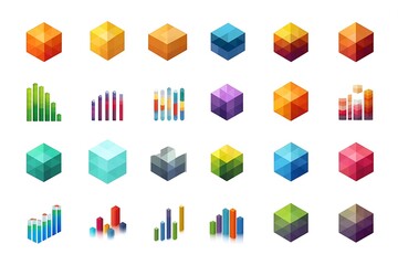 Dynamic 3D isometric bar charts and cubes in vibrant geometric designs for modern data visualization and business graphics
