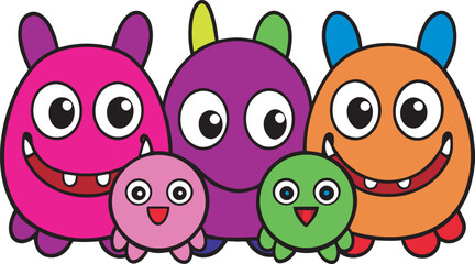 A Colorful Group of Happy, Cartoon Monsters with Big Eyes and Wide Smiles