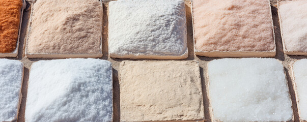 Colorful salt blocks arranged in grid pattern showcase variety of textures and shades, creating visually appealing display. vibrant colors evoke sense of warmth and natural beauty