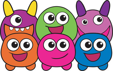 A Group of Adorable, Colorful Cartoon Monsters with Big Eyes and Happy Expressions