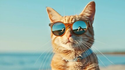 Cat wearing sunglasses with ocean reflection, Data scientist working in tech lab with monitors, Doctor using futuristic digital tablet interface - Powered by Adobe