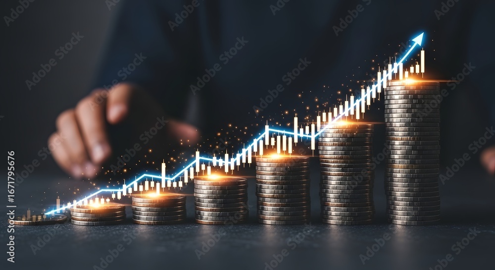 Poster stacks of coins with an upward trending graph and a hand in the background showing growth concept